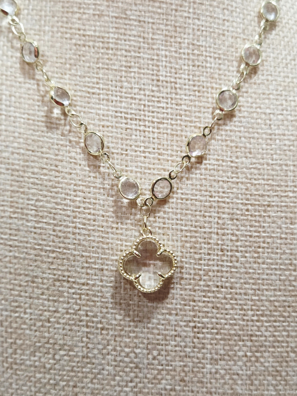 Gold Clover Pendant Necklace with Clear CZ Stones - Women Jewelry